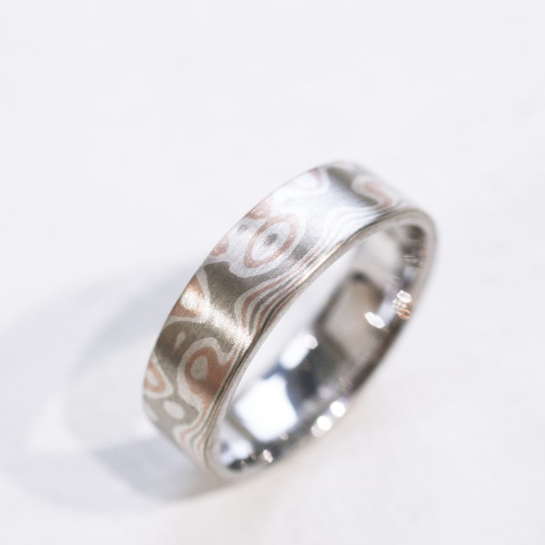 Rose Gold, White Gold and Silver Mokume in a Matte Finished Wedding Band