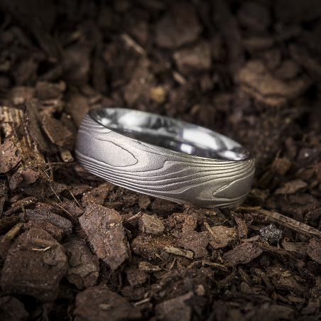 Etched Mokume Wedding Band in White Gold and Silver