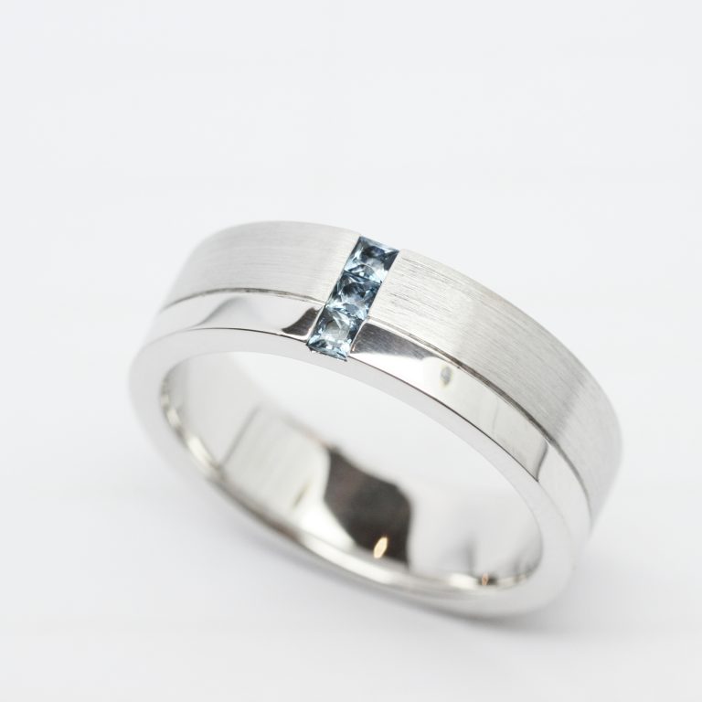 Mens Matte Finish White Gold Wedding Band with a Polished Side Band and Square Cut Aquamarines