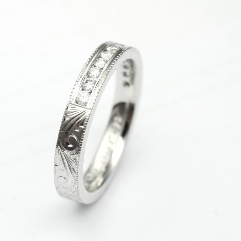 Hand Engraved Wedding Band with Channel Set Diamonds and Mill Grain Edges