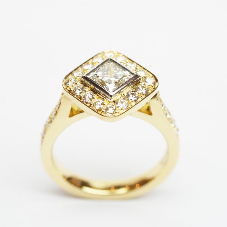 Diagonal Set Princess Cut Diamond Halo Design Ring in Yellow Gold