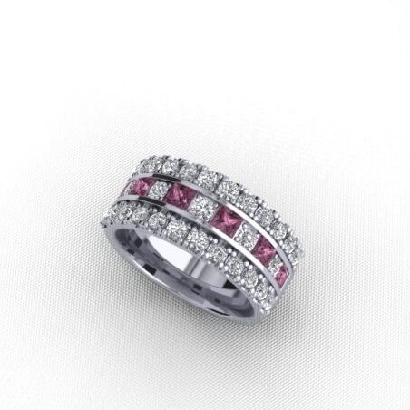 Princess Cut Pink Sapphire and Diamond Ring with Micro-Claw Set Diamond Side Bands