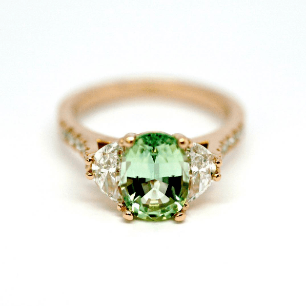 Oval Green Tourmaline with Half Moon Cut Diamonds and a Rose Gold Diamond Set Band