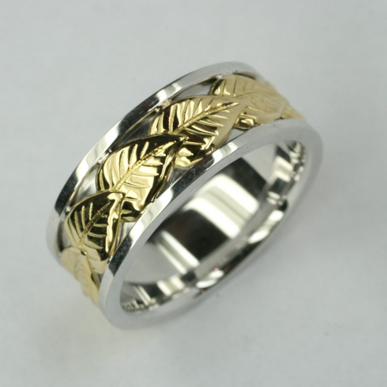 Yellow and White Gold Mens Wedding Ring with Leaf Detail