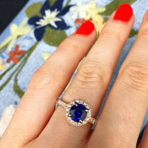 Round Ceylon Sapphire in a Rose Gold and Diamond Halo Design Ring
