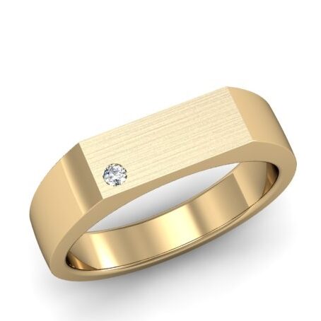Yellow Gold Mens Signet Ring with a Gypsy Set Round Diamond and Matte Finish