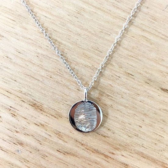 White Gold Disc Pendant Hand Engraved with a Baby's Fingerprint