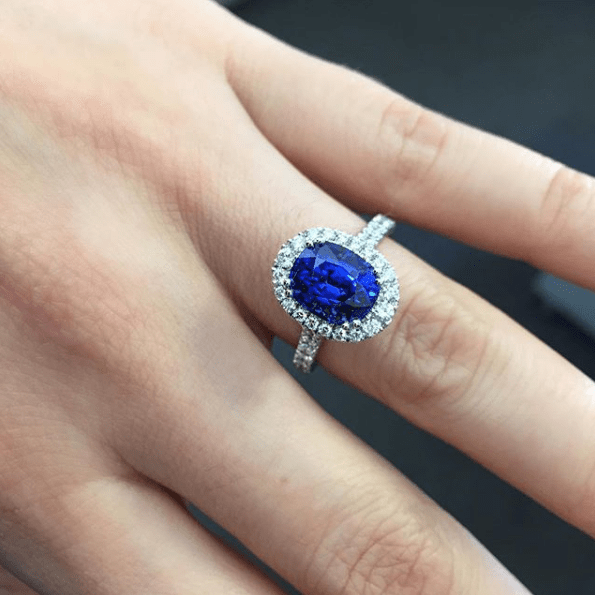 Ceylon Sapphire in Platinum and Diamond Halo Design Ring