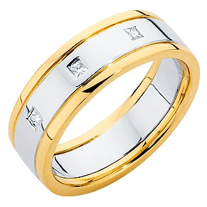 The Union Gypsy gents two-tone yellow gold and white gold wedding ring featuring three 2pt princess cut diamonds.