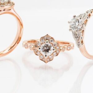 Three Vintage Design Diamond and Rose Gold Engagement Rings