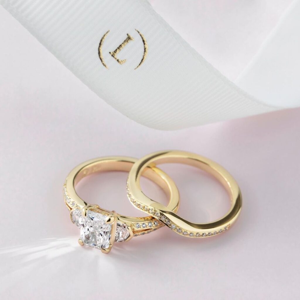 three stone engagement ring and wedding band