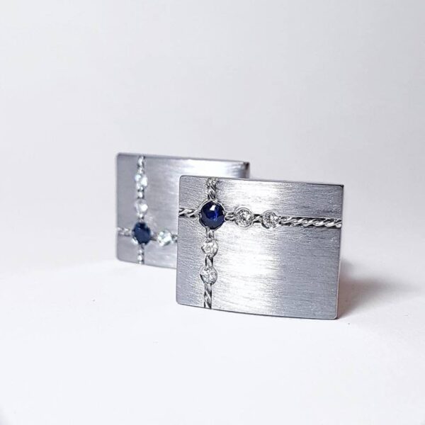 White Gold Cufflinks with Sapphires and Hand Engraving