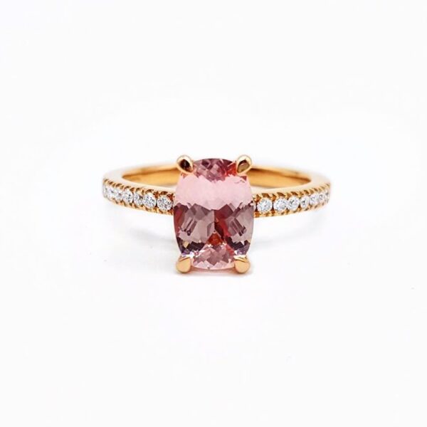 Cushion Cut Pink Sapphire in a Delicate Diamond Set Rose Gold Ring