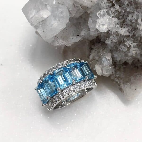 Emerald Cut Blue Topaz 5 Stone Ring with Diamond Set Side Bands