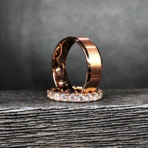 Mens Matte Finished Rose Gold Wedding Band and Ladies Rose Gold Claw Set Eternity Ring