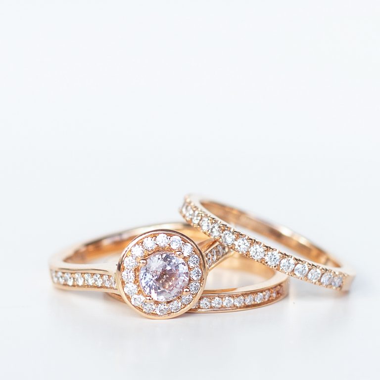 Pink Sapphire Halo Design Ring with Matching Wedding Rings in Rose Gold