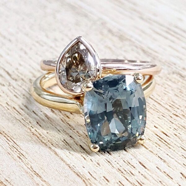 Pear Shape Champagne Diamond and Teal Sapphire Solitaire Rings