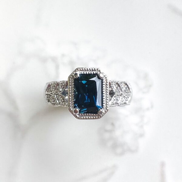 Radiant Cut Australian Sapphire Ring with Diamond Set Leaf Design Shoulders