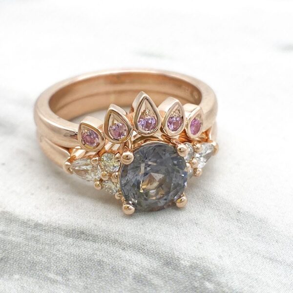 Grey Spinel and Diamond Engagement Ring in Rose Gold with Matching Pink Sapphire Fitted Wedding Ring