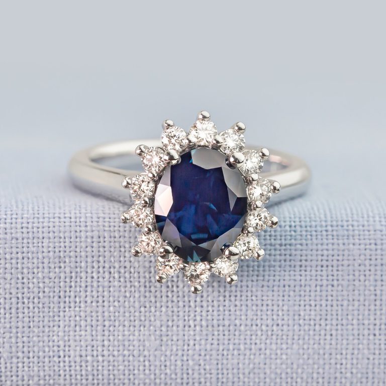 Ceylon Sapphire Surrounded by Diamonds in a Cluster Design Ring