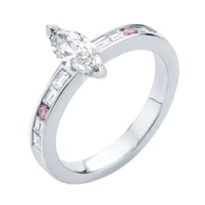 Marquise Cut Diamond Ring with Channel Set Shoulders Featuring Baguettes and Pink Diamonds