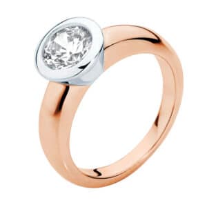Bezel Set Round Brilliant Cut Diamond in a White Gold Setting with a Rose Gold Band