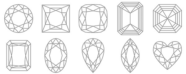 Diamond shapes including, oval, pear, marquise,cushion, princess, radiant, asscher, emerald, heart
