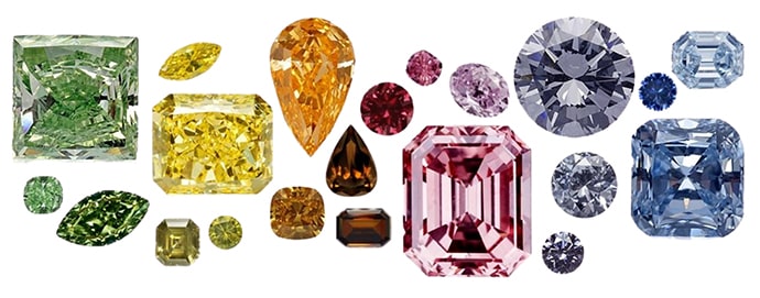Fancy coloured diamonds in a range of colours such as pink, blue, vivid yellow and cognac.