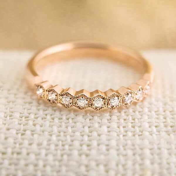 Rose Gold Wedding Ring Featuring Diamonds Set in Hexagonal Settings