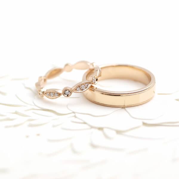 Rose Gold wedding rings with matching milgrain detail