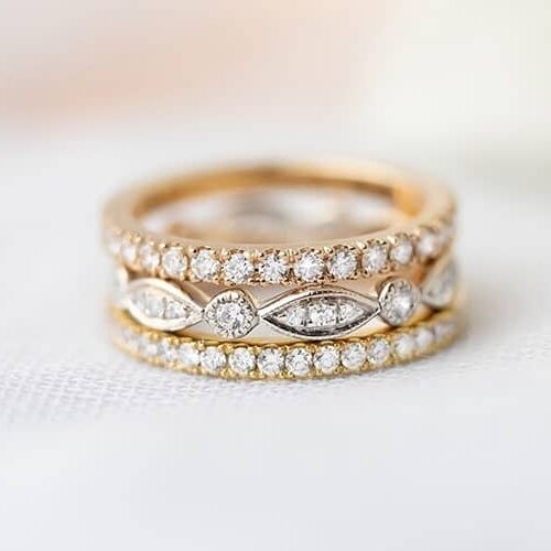 Custom Gallery Stack of rose gold white gold and yellow gold wedding rings