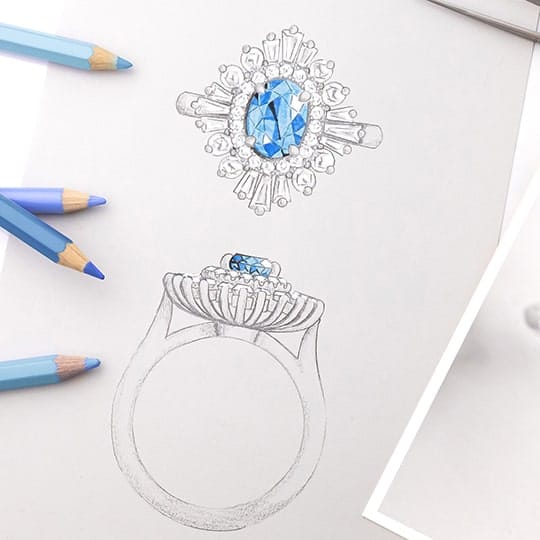 A technical sketch of a custom dress ring design by one of the Larsen Jewellery designers