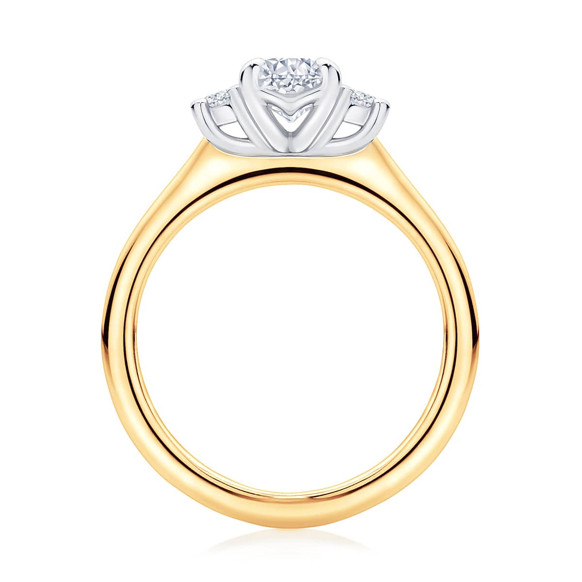 Emerald cut diamond three stone engagement ring yellow gold