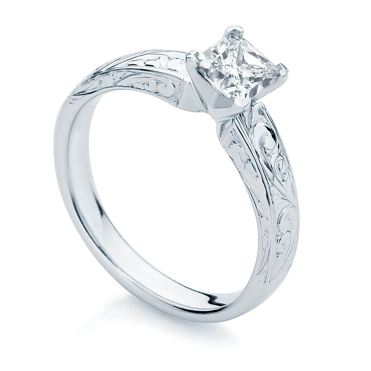 Princess Engraved Engagement Ring White Gold | Bella