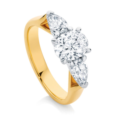 Oval Three Stone Engagement Ring Yellow Gold | Delta Trio