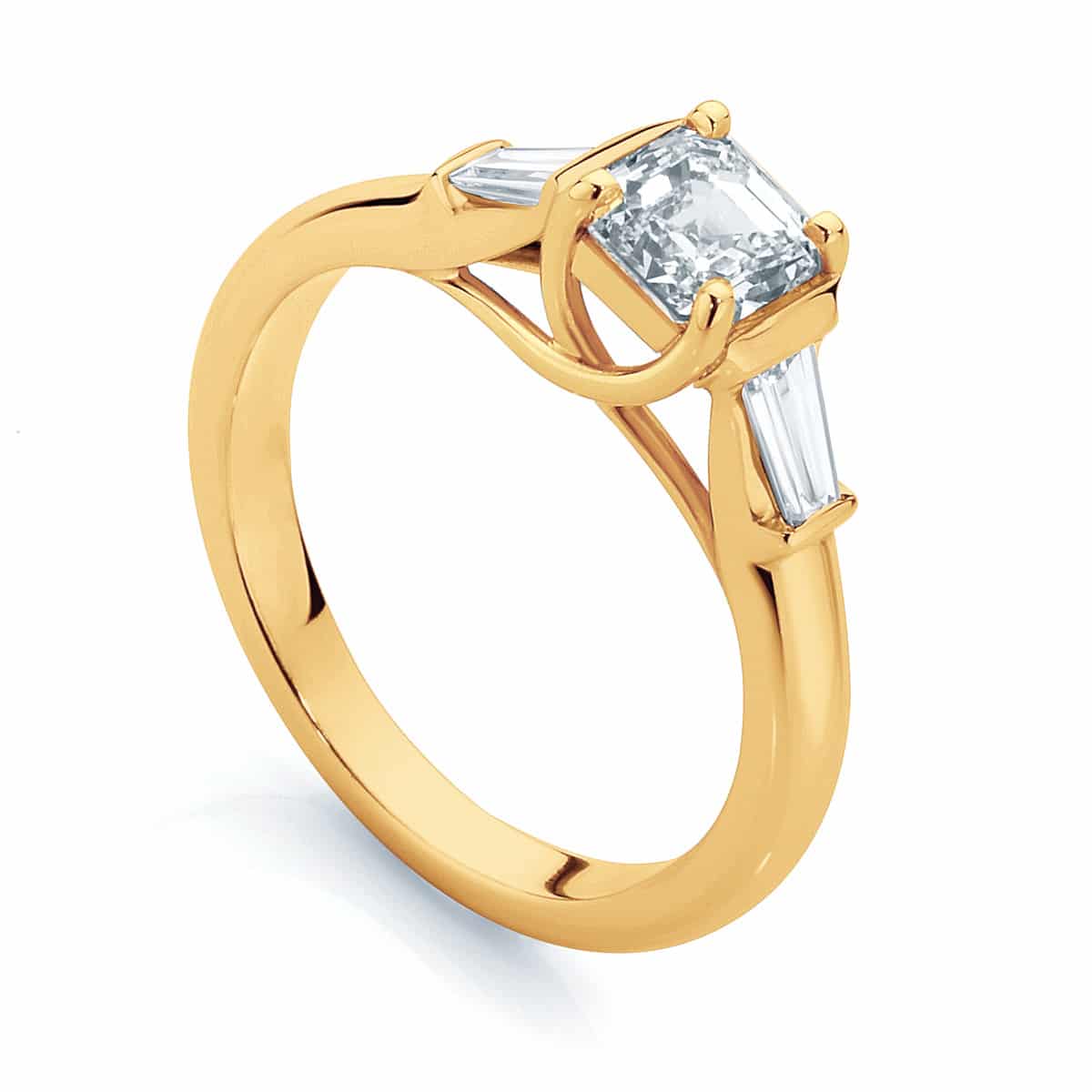 Asscher Three Stone Engagement Ring Yellow Gold | Fern
