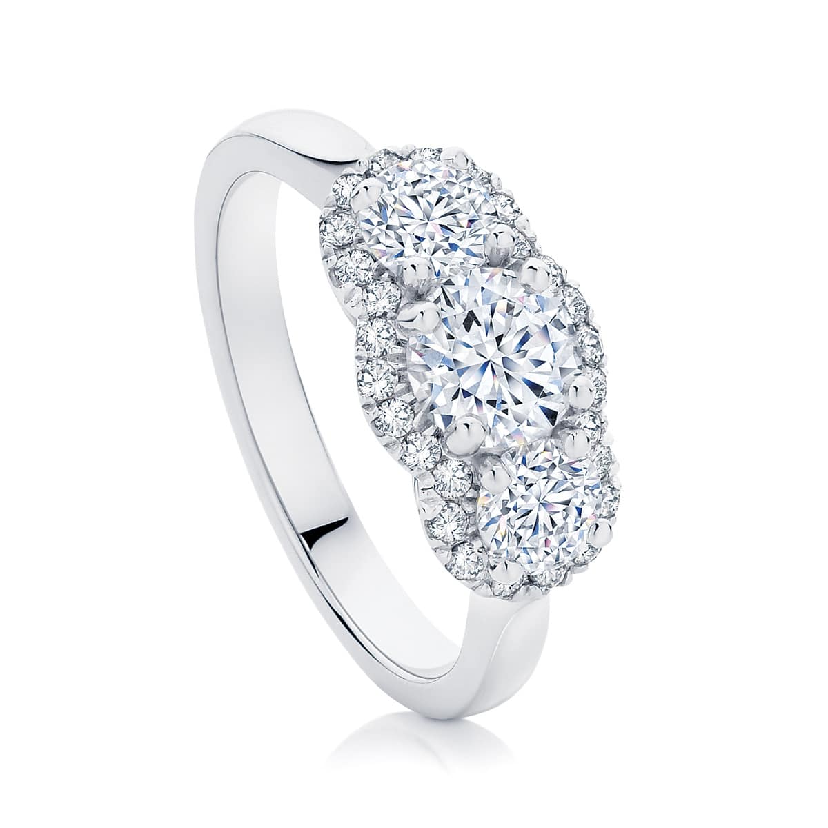 Round Three Stone Engagement Ring Platinum | Halo Trilogy