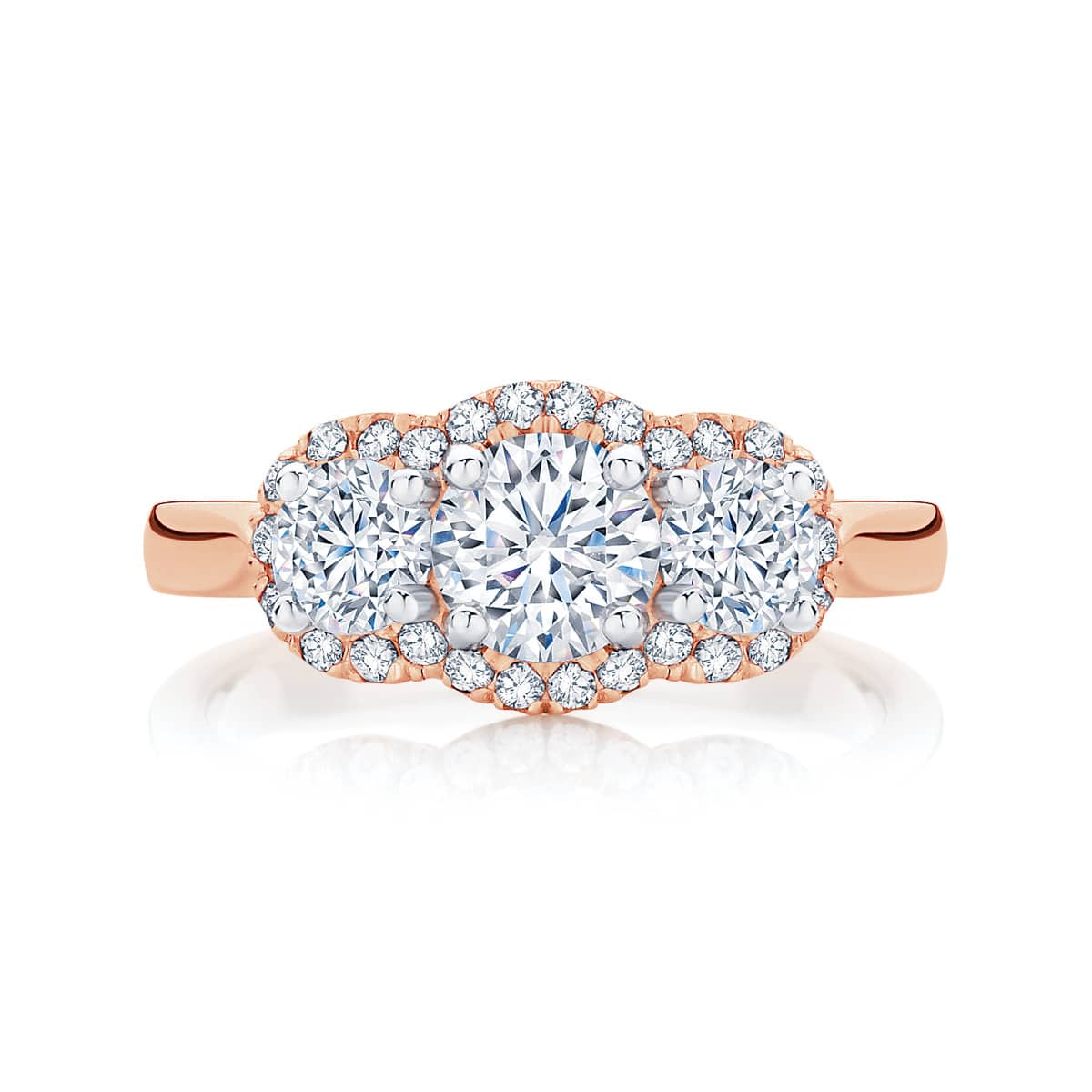 Round Three Stone Engagement Ring Rose Gold | Halo Trilogy