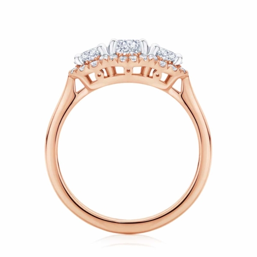Round Three Stone Engagement Ring Rose Gold | Halo Trilogy