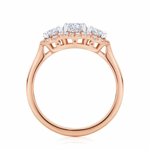 Round Three Stone Engagement Ring Rose Gold | Halo Trilogy