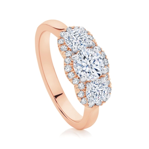 Round Three Stone Engagement Ring Rose Gold | Halo Trilogy