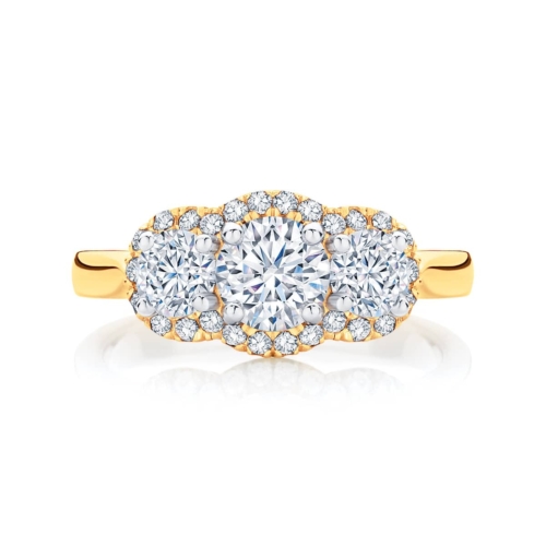 Round Three Stone Engagement Ring Yellow Gold | Halo Trilogy