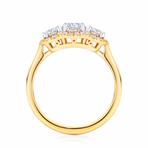 Round Three Stone Engagement Ring Yellow Gold | Halo Trilogy