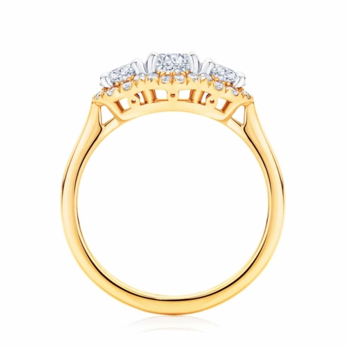 Round Three Stone Engagement Ring Yellow Gold | Halo Trilogy