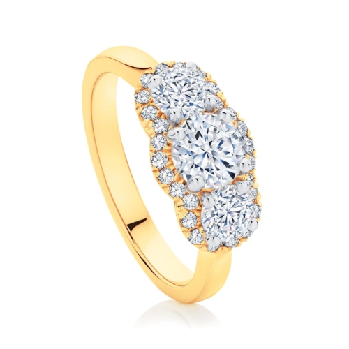 Round Three Stone Engagement Ring Yellow Gold | Halo Trilogy