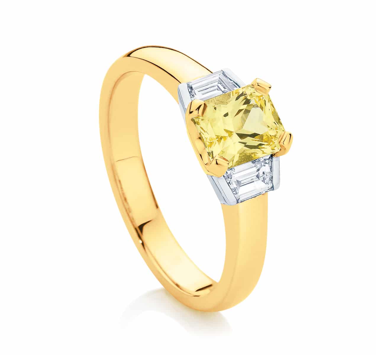 Radiant Three Stone Engagement Ring Yellow Gold | Radiance