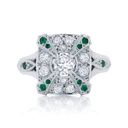 Vintage Inspired Diamond and Emerald Filigree Ring Renaissance