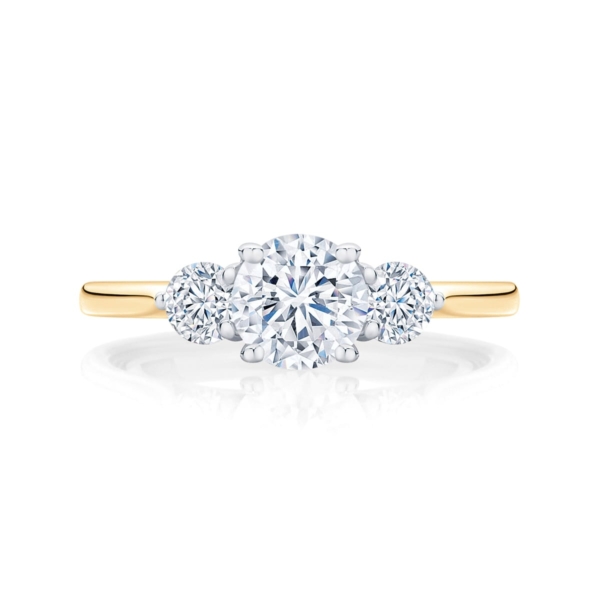 Round Three Stone Engagement Ring Yellow Gold | Swing Trio