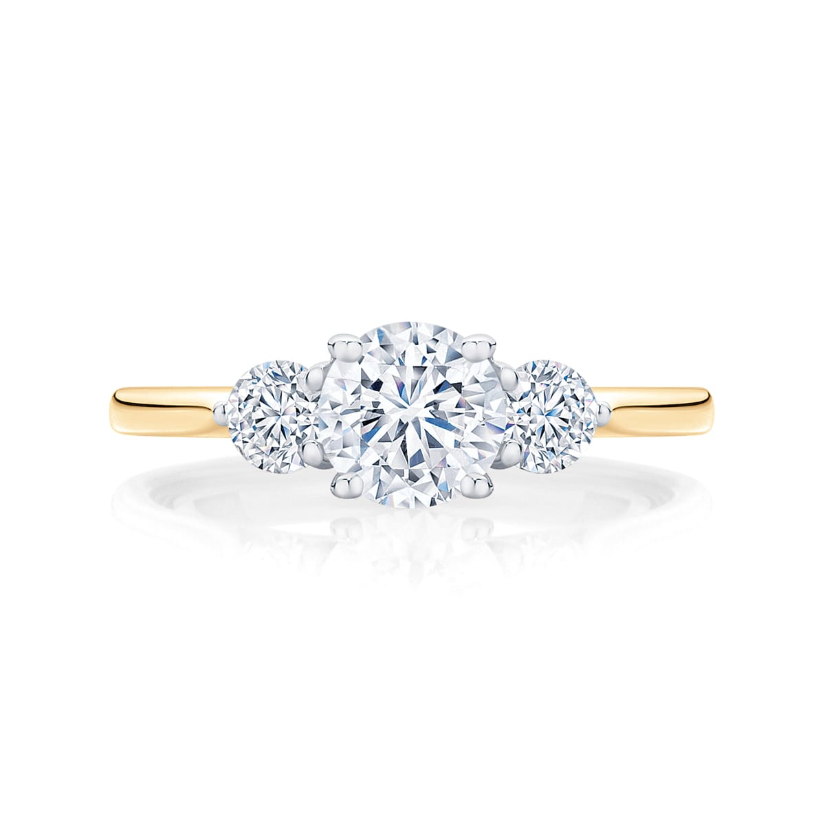 Round Three Stone Engagement Ring Yellow Gold | Swing Trio