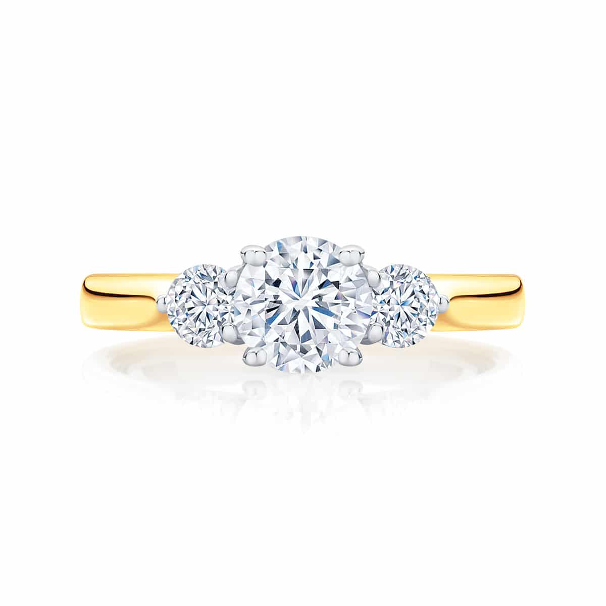 Round Three Stone Engagement Ring Yellow Gold | Swing Trio